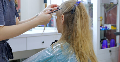 Stylist in beauty salon working on fashionable image for woman.