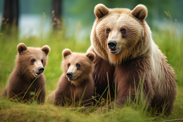Obraz premium female brown bear and her cubs