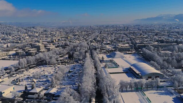 Fly over Klagenfurt winter white snow austria