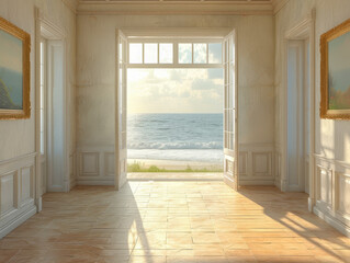 Classic room with open doors to an ocean view.
