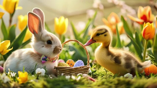 A bunny rabbit hare and a little duckling sitting beside basket with colorful painted eggs among yellow spring tulip flowers. Happy Easter concept