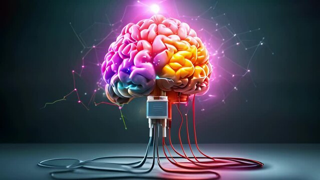 A  human brain with dynamic glowing electric currents cables connected to wire with plug. Dopamine fasting mental health digital detox concept