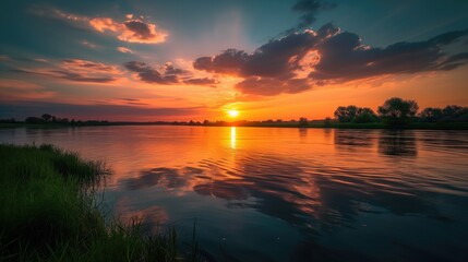 Beautiful landscape with sunset or sunrise dawn or dusk over the peaceful calm still river waters and orange and blue sky horizon with clouds