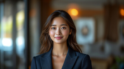 Fototapeta premium Portrait of a smiling a modern professional Japanese woman wearing a business suit with a blur modern urban Japan background.