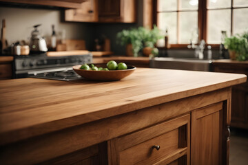 Fototapeta na wymiar Concept photo shoot of close-up empty wooden kitchen countertop