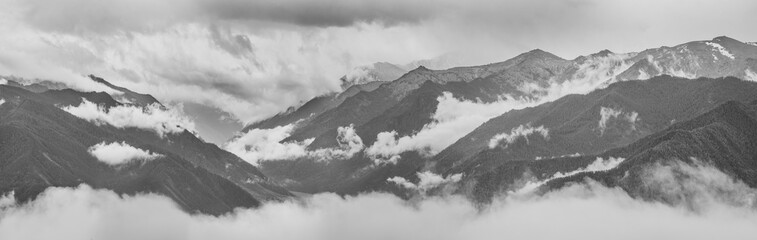 Black and white landscape.  Traveling in the mountains, climbing. 