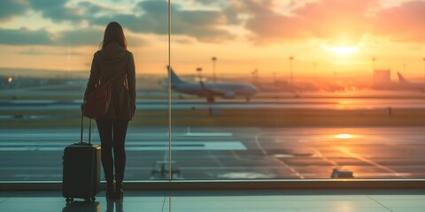 Young woman with a suitcase at the airport. Travel and vacation concept.