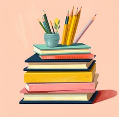 Fototapeta premium colorful stack of books, with plants and pen on the white background. a pile of books and a flower