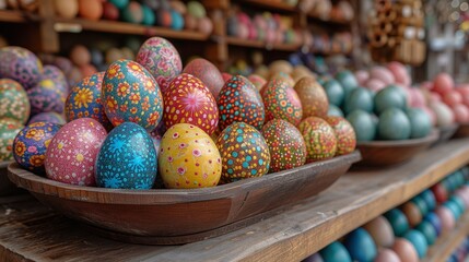 Colorful Painted Eggs in a Row of Wooden Bowls