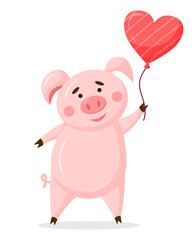 Obraz na płótnie Canvas Vector cartoon valentine cute pig character with heart shape balloon isolated on white background. Valentine's day celebration greeting card clip-ar