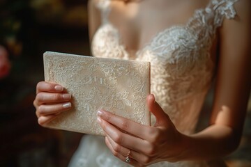 Illustration of a hand holding a wedding program with delicate lace details