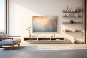 Living space with floating shelves and modern wall - obrazy, fototapety, plakaty