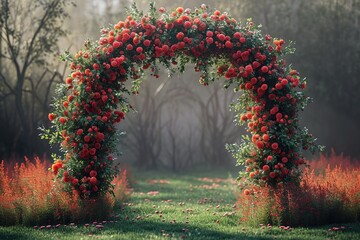 Illustration of a wedding arch adorned with flowers and greenery - obrazy, fototapety, plakaty