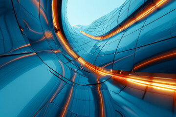 Abstract background, a futuristic building with lighting and lines. - obrazy, fototapety, plakaty