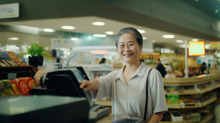 elderly smiling woman shopping in supermarket