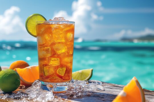 glass of lemonade with ice on sea background