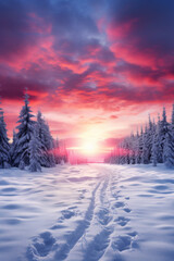 Photo of sunrise over snowy roads.