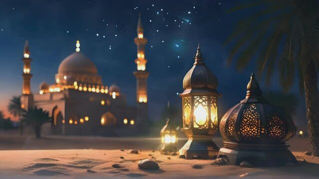 ramadan theme background, arabic lantern in desert with mosque background