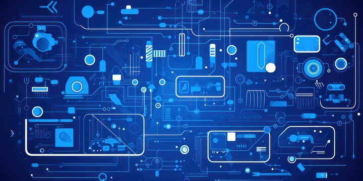 Electric blue abstract technology background using tech devices and icons