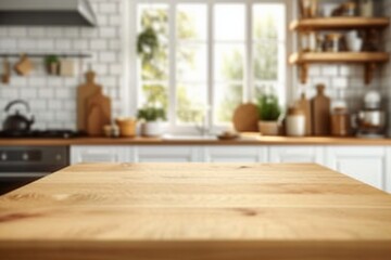 Wood table top on blurred kitchen background. can be used mock up for montage products display or design layout. generative ai.