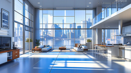 Modern Interior Architecture in a Business Office Space with Light Design, Contemporary Table, and City View