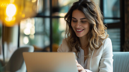 woman working on laptop in cafe