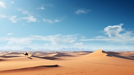 Fototapeta na wymiar Timeless desert panorama with a solitary camel caravan crossing the vast sandy expanse under a clear blue sky