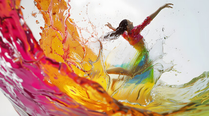 A person jumping in the air with colorful paint. Colorful liquid that transforms into a beautiful woman jumping out, on a white background. - obrazy, fototapety, plakaty