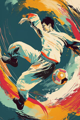 Fototapeta premium Asia man kicking a soccer ball illustration.