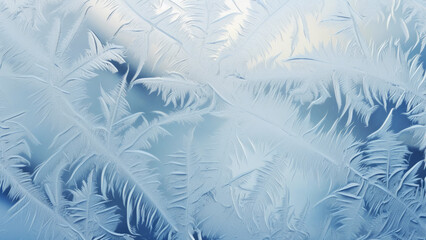A closeup of frost patterns on a window resembling delicate feathers and leaves, winter concept