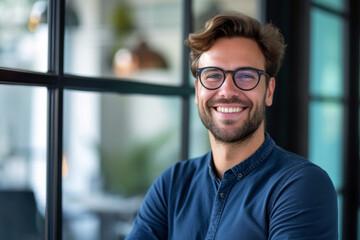 Obraz premium Confident professional in office environment smiling at camera. Workplace positivity concept.