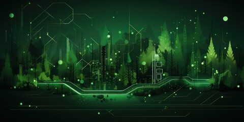 Forest green abstract technology background using tech devices and icons