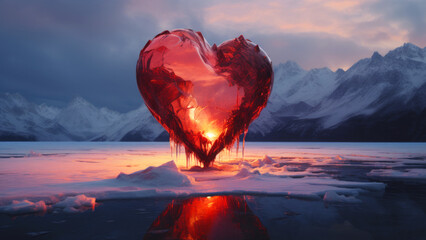 A frozen red heart standing in ice slowly melting on a backdrop of a snowy mountains landscape, love concept