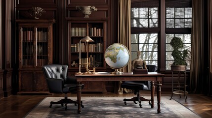 Timeless study room featuring a mahogany desk, leather chairs, and an antique globe