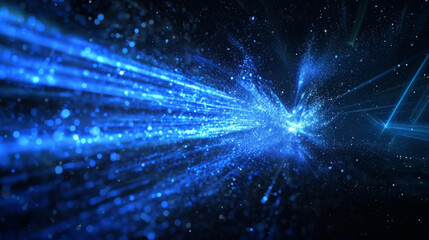 Fototapeta premium Blue light from a laser fires out of the black background.