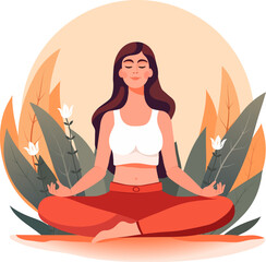 Woman meditating in nature and leaves. Concept illustration for meditation, vector illustration in flat cartoon style