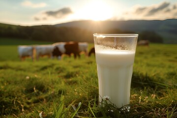 AI-generated illustration of a glass of milk in a green field with cows grazing in the background - obrazy, fototapety, plakaty