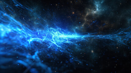 Fototapeta premium Blue light from a laser fires out of the black background.