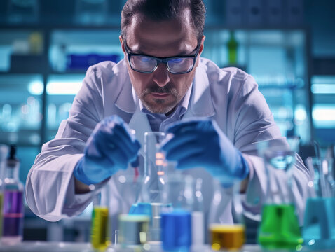 Serious male researcher conducting an experiment in a lab.

