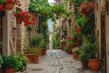 Fototapeta na wymiar Enchanting Medieval Village: A Delightful Blend of History, Architecture, and Vibrant Blooms on an Old Narrow Street in Provence, France