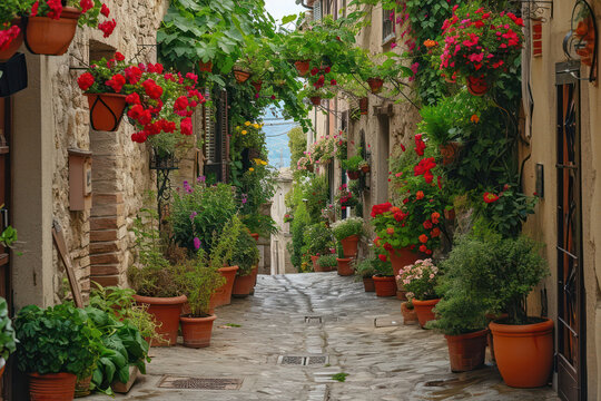 Fototapeta Enchanting Medieval Village: A Delightful Blend of History, Architecture, and Vibrant Blooms on an Old Narrow Street in Provence, France