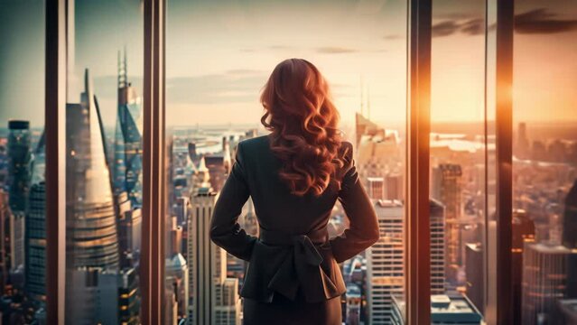 Successful businesswoman looking out of window at big city view. Business woman standing alone at modern downtown high-rises