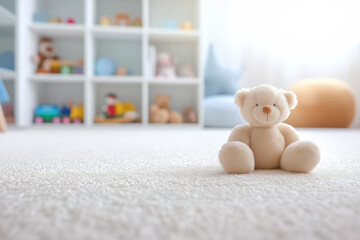 Children's room with a soft white carpet and toys.