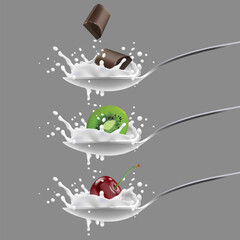 Yogurt, milk splashes on spoon with fruits and chocolate