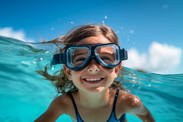 Fototapeta premium Cute little caucasian girl at outdoors with diving goggles