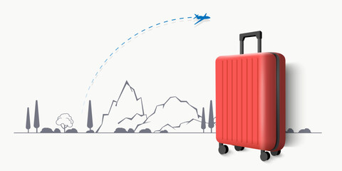 Red suitcase 3d style with different travel elements