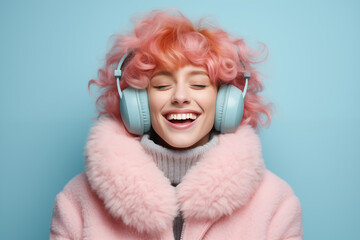 Fototapeta premium Young pink haired woman over isolated colorful background in winter clothes