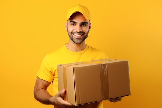 Postman with delivery package in hands standing in front of a yellow background