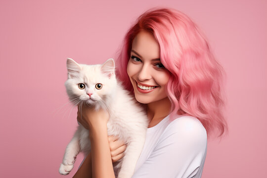 Young pink haired woman over isolated colorful background with a cat