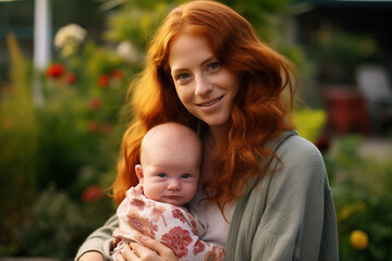 Young pretty redhead woman at outdoors with newborn baby - obrazy, fototapety, plakaty